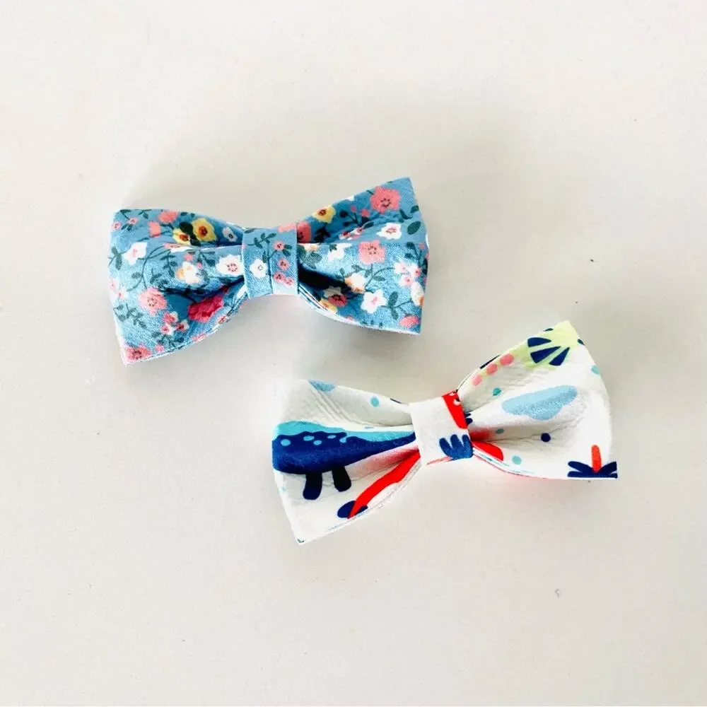 NEW HANDMADE Light Blue Floral White Jurassic Dog Cat Pet Collar Elastic Bow Tie